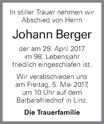 Traueranzeige von Johann Berger von OÖNachrichten