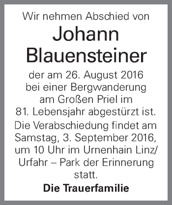 Traueranzeige von Johann Blauensteiner von OÖNachrichten