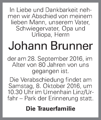 Traueranzeige von Johann Brunner von OÖNachrichten