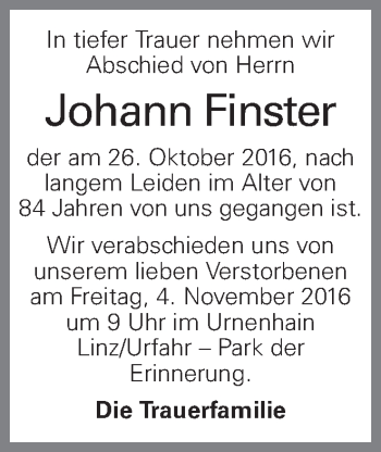 Traueranzeige von Johann Finster von OÖNachrichten