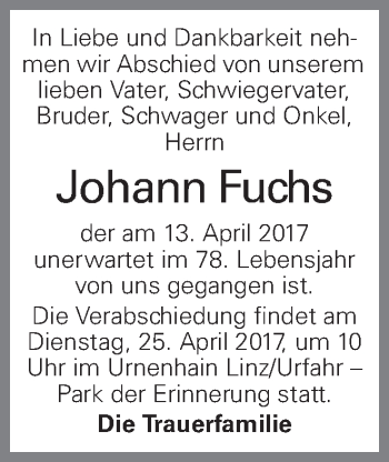 Traueranzeige von Johann Fuchs von OÖNachrichten
