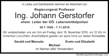 Traueranzeige von Johann Gerstorfer von OÖNachrichten