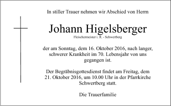 Traueranzeige von Johann Higelsberger von OÖNachrichten