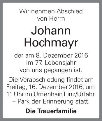 Traueranzeige von Johann Hochmayr von OÖNachrichten