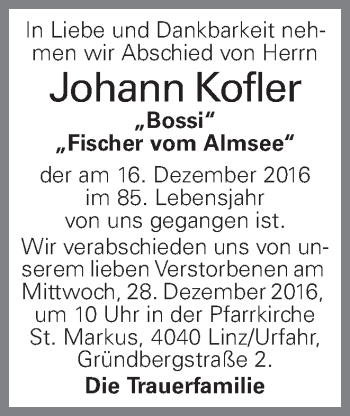 Traueranzeige von Johann Kofler von OÖNachrichten
