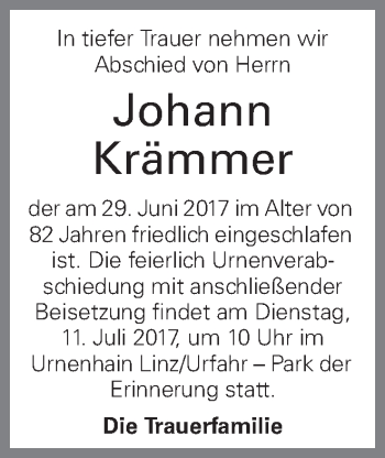 Traueranzeige von Johann Krämmer von OÖNachrichten