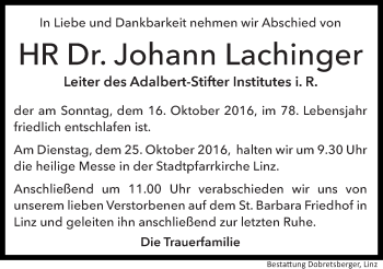 Traueranzeige von Johann Lachinger von OÖNachrichten