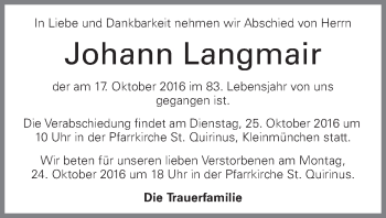 Traueranzeige von Johann Langmair von OÖNachrichten
