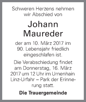 Traueranzeige von Johann Maureder von OÖNachrichten