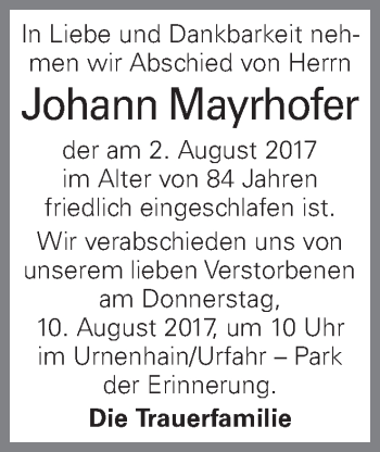 Traueranzeige von Johann Mayrhofer von OÖNachrichten