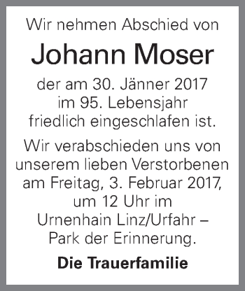Traueranzeige von Johann Moser von OÖNachrichten
