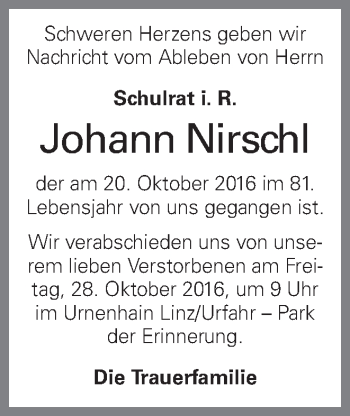 Traueranzeige von Johann Nirschl von OÖNachrichten