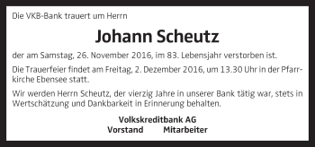 Traueranzeige von Johann Scheutz von OÖNachrichten