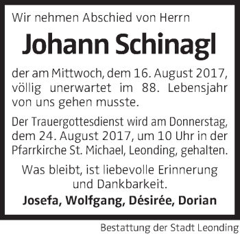 Traueranzeige von Johann Schinagl von OÖNachrichten