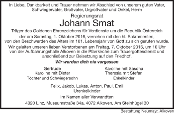 Traueranzeige von Johann Smat von OÖNachrichten