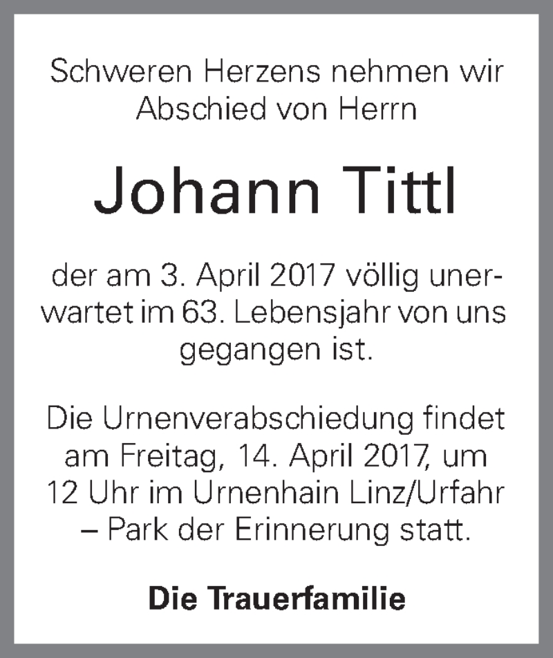  Traueranzeige für Johann Tittl vom 08.04.2017 aus OÖNachrichten