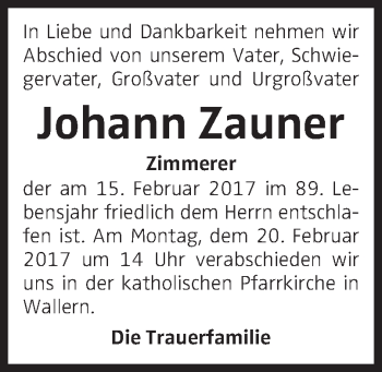 Traueranzeige von Johann Zauner von OÖNachrichten