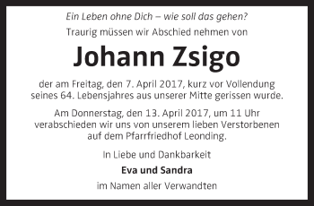Traueranzeige von Johann Zsigo von OÖNachrichten
