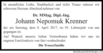Traueranzeige von Johann Nepomuk Krenner von OÖNachrichten