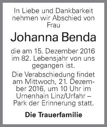 Traueranzeige von Johanna Benda von OÖNachrichten