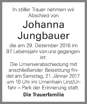 Traueranzeige von Johanna Jungbauer von OÖNachrichten
