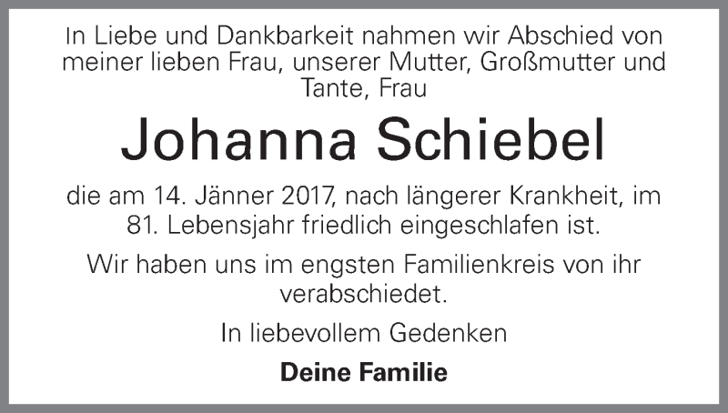  Traueranzeige für Johanna Schiebel vom 21.01.2017 aus OÖNachrichten