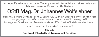 Traueranzeige von Johannes Wolfslehner von OÖNachrichten
