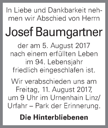 Traueranzeige von Josef Baumgartner von OÖNachrichten