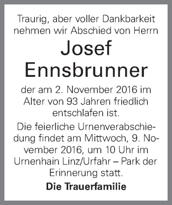 Traueranzeige von Josef Ennsbrunner von OÖNachrichten