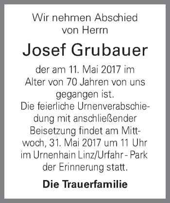 Traueranzeige von Josef Grubauer von OÖNachrichten
