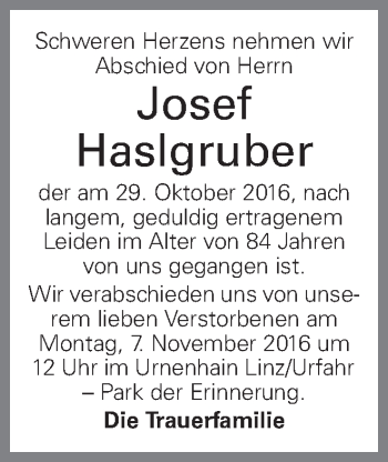 Traueranzeige von Josef Haslgruber von OÖNachrichten