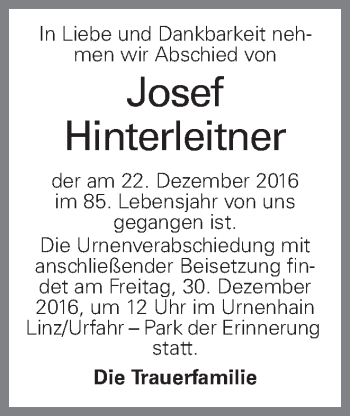 Traueranzeige von Josef Hinterleitner von OÖNachrichten