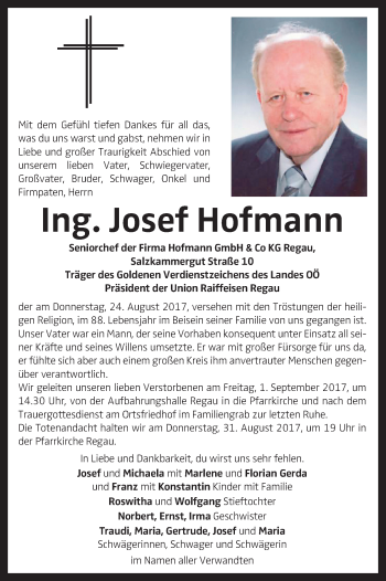 Traueranzeige von Josef Hofmann von OÖNachrichten