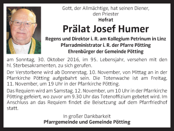 Traueranzeige von Josef Humer von OÖNachrichten