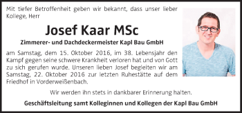 Traueranzeige von Josef Kaar von OÖNachrichten