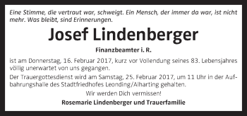 Traueranzeige von Josef Lindenberger von OÖNachrichten