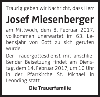 Traueranzeige von Josef Miesenberger von OÖNachrichten
