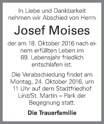 Traueranzeige von Josef Moises von OÖNachrichten