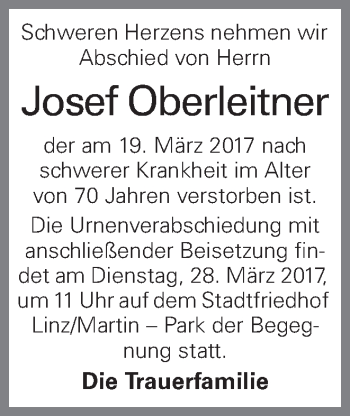 Traueranzeige von Josef Oberleitner von OÖNachrichten