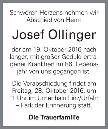 Traueranzeige von Josef Ollinger von OÖNachrichten
