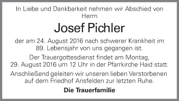 Traueranzeige von Josef Pichler von OÖNachrichten