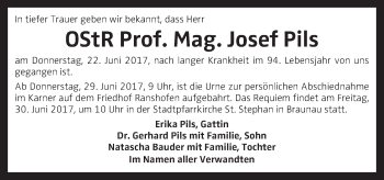 Traueranzeige von Josef Pils von OÖNachrichten