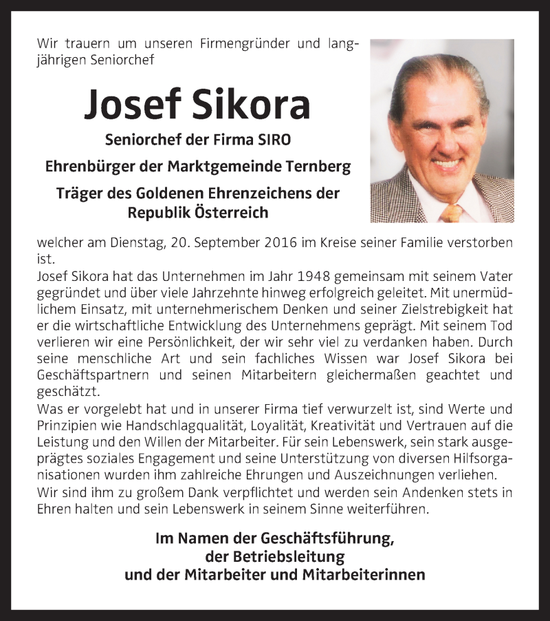  Traueranzeige für Josef Sikora vom 24.09.2016 aus OÖNachrichten