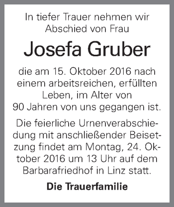 Traueranzeige von Josefa Gruber von OÖNachrichten