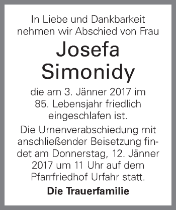 Traueranzeige von Josefa Simonidy von OÖNachrichten