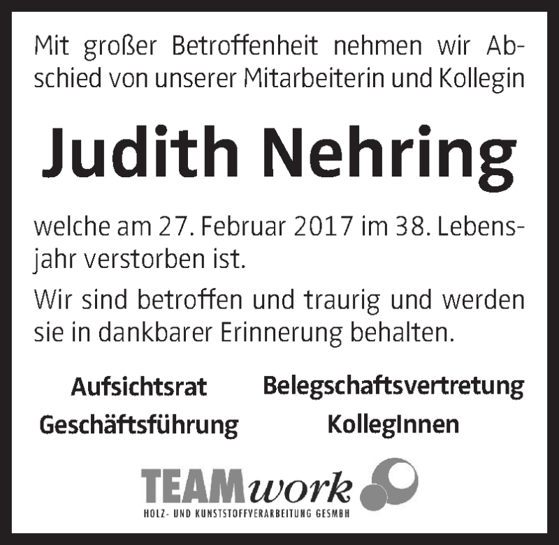  Traueranzeige für Judith Nehring vom 01.03.2017 aus OÖNachrichten