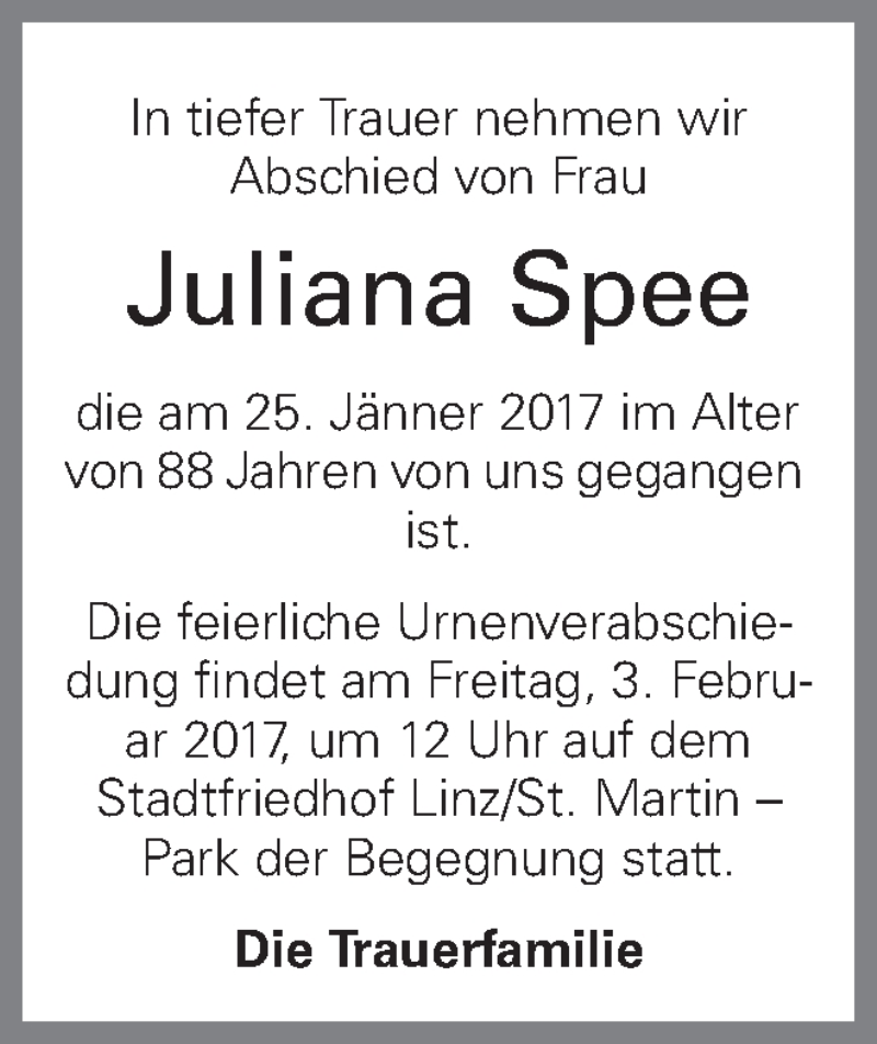  Traueranzeige für Juliana Spee vom 30.01.2017 aus OÖNachrichten