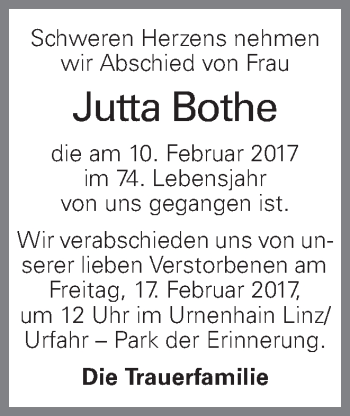 Traueranzeige von Jutta Bothe von OÖNachrichten