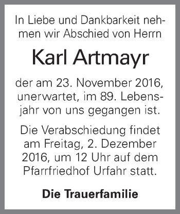 Traueranzeige von Karl Artmayr von OÖNachrichten