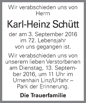 Traueranzeige von Karl-Heinz Schütt von OÖNachrichten